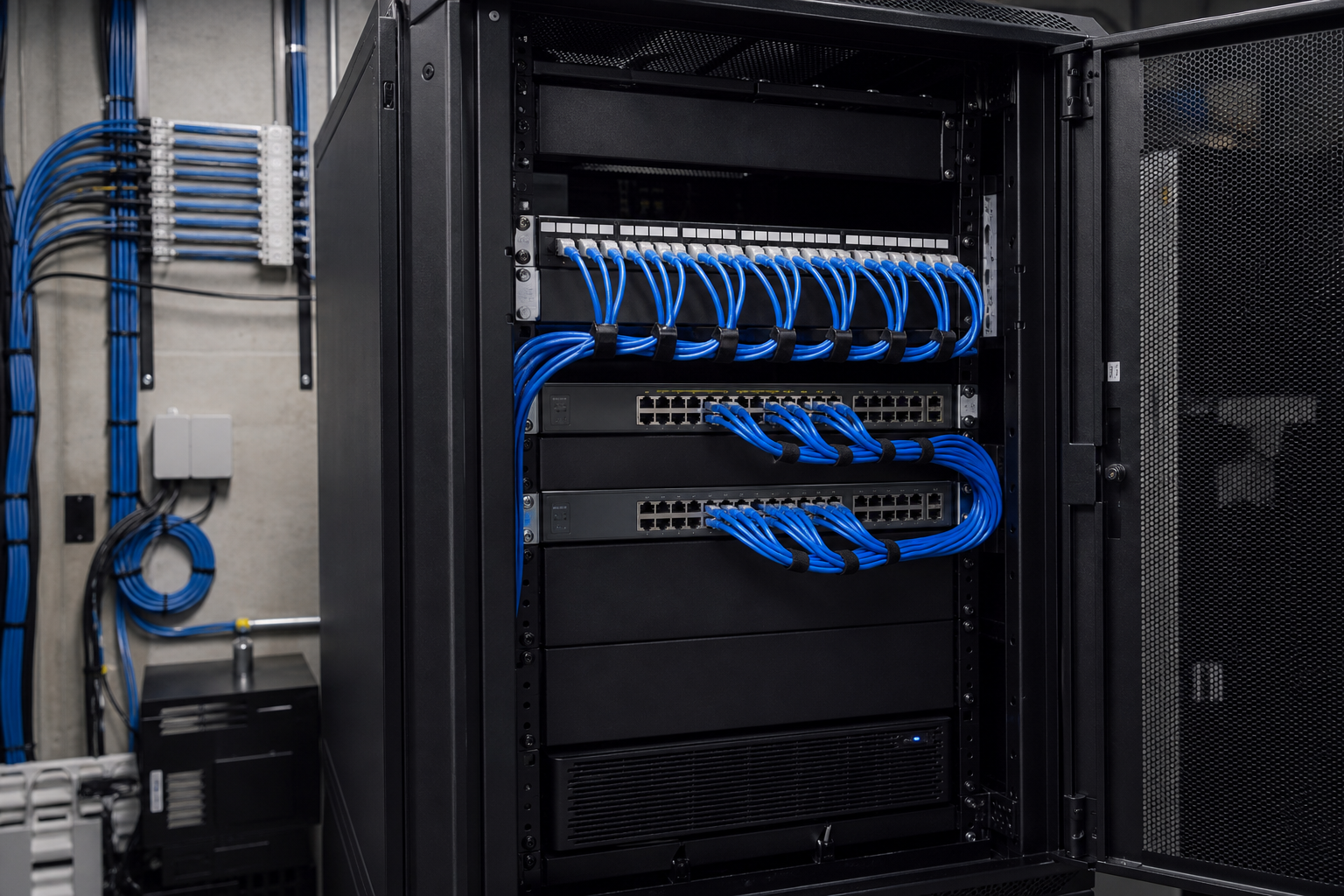 Professionally organized network rack with blue cabling